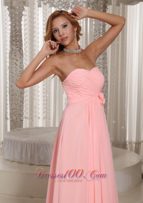 Ruched Hand Flower Baby Pink Bridesmaid Dress