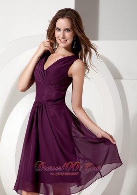 Dark Purple V-neck Knee-length Bridesmaid Dress