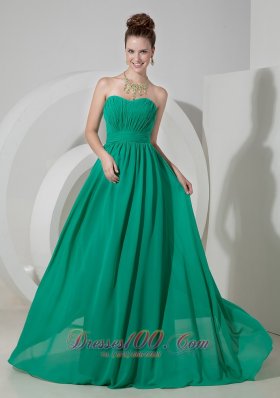 Brush Train Bridesmaid Dress Turquoise Chiffon Ruch