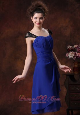 Ruched Navy Blue Ruched Tea-length Bridesmaid Dress