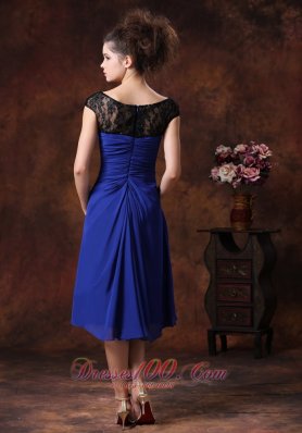 Ruched Navy Blue Ruched Tea-length Bridesmaid Dress