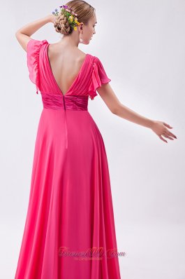 Pink Empire V-neck Prom Dress Chiffon Ruch