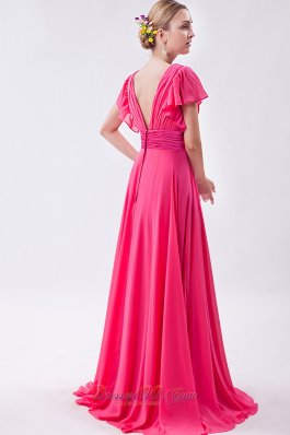 Pink Empire V-neck Prom Dress Chiffon Ruch