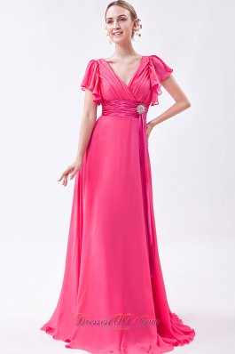 Pink Empire V-neck Prom Dress Chiffon Ruch