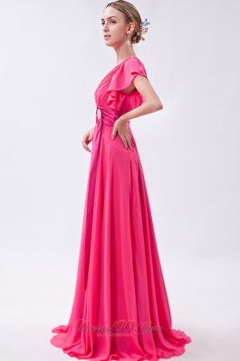 Pink Empire V-neck Prom Dress Chiffon Ruch