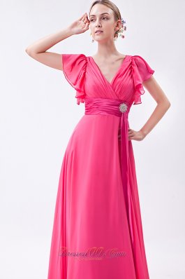 Pink Empire V-neck Prom Dress Chiffon Ruch