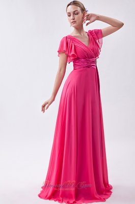 Pink Empire V-neck Prom Dress Chiffon Ruch