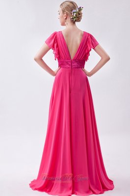 Pink Empire V-neck Prom Dress Chiffon Ruch