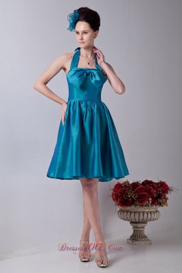 Teal Halter Prom Homecoming Dress Taffeta Bowknot