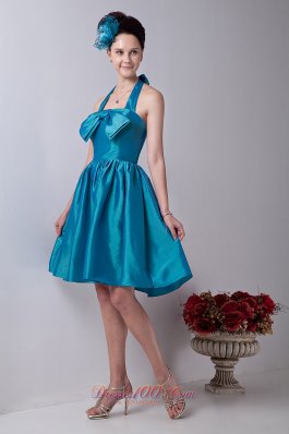 Teal Halter Prom Homecoming Dress Taffeta Bowknot