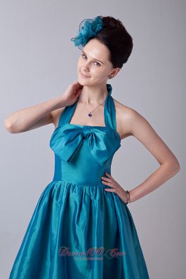 Teal Halter Prom Homecoming Dress Taffeta Bowknot