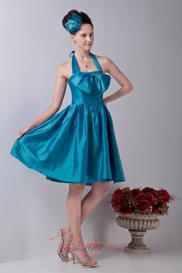 Teal Halter Prom Homecoming Dress Taffeta Bowknot