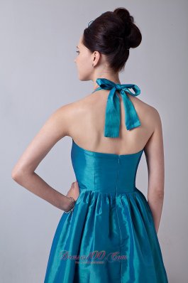 Teal Halter Prom Homecoming Dress Taffeta Bowknot