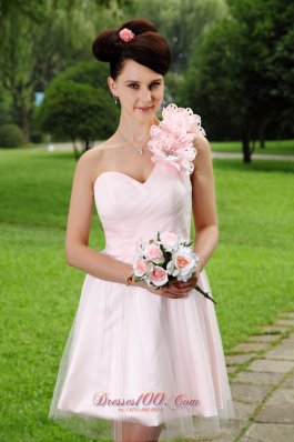 Pink One Shoulder Mini-length Tulle Floral Prom Dress