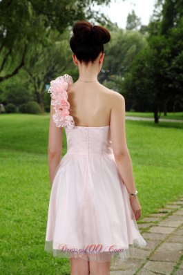 Pink One Shoulder Mini-length Tulle Floral Prom Dress