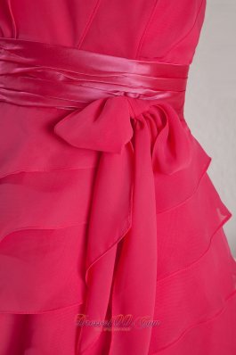 Layered Sash Hot Pink Chiffon Mini-length Prom Dress