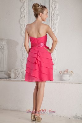 Layered Sash Hot Pink Chiffon Mini-length Prom Dress