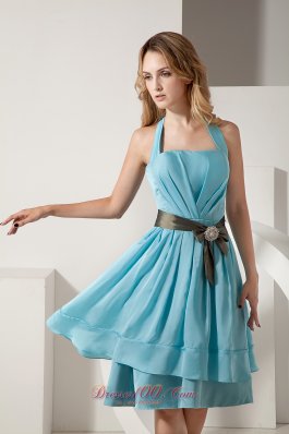 Aqua Blue Taffeta Knee-length Bow Bridesmaid Dress Ruched