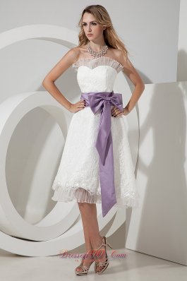 Tea-length Lace Bow Wedding Dress with Waistband