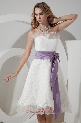 Tea-length Lace Bow Wedding Dress with Waistband