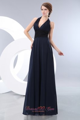 Halter Navy Blue Lace Chiffon Bridesmaid Dress Empire