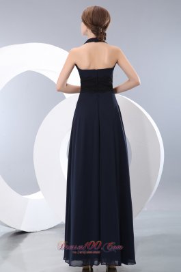 Halter Navy Blue Lace Chiffon Bridesmaid Dress Empire