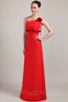 Hand Flower Column Spaghetti Straps Red Prom Dress