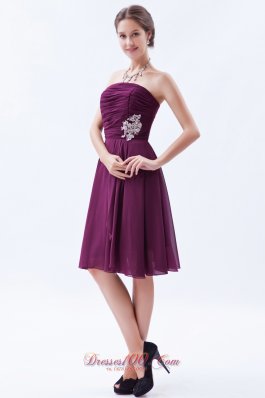 Dark Grape Purple Prom Dress Ruch Appliques Knee-length