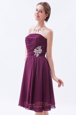 Dark Grape Purple Prom Dress Ruch Appliques Knee-length