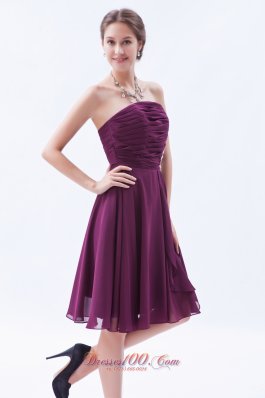 Dark Grape Purple Prom Dress Ruch Appliques Knee-length