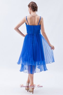 Sky Blue Empire Straps Prom Dress Ruch Tea-length