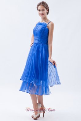 Sky Blue Empire Straps Prom Dress Ruch Tea-length