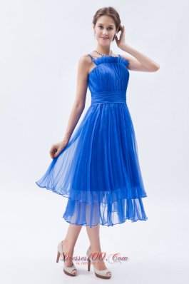 Sky Blue Empire Straps Prom Dress Ruch Tea-length