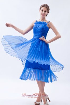 Sky Blue Empire Straps Prom Dress Ruch Tea-length