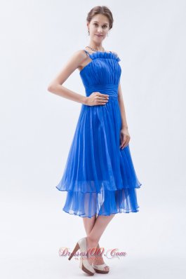 Sky Blue Empire Straps Prom Dress Ruch Tea-length