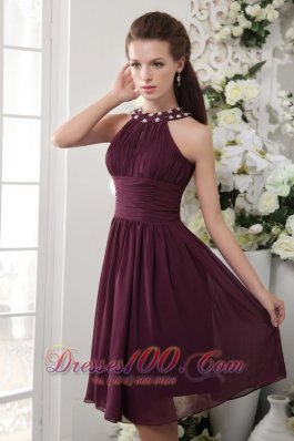 Maroon Empire High-neck Bridesmaid Dress Knee-length