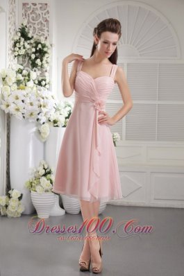 Baby Pink Princess Bridesmaid Dress Straps Tea-length