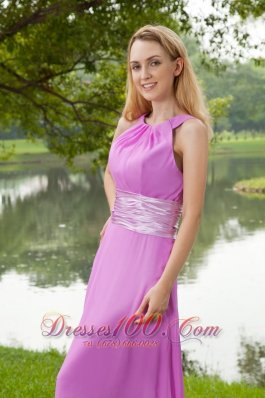 Lavender Empire Bateau Brush Ruch Bridesmaid Dress