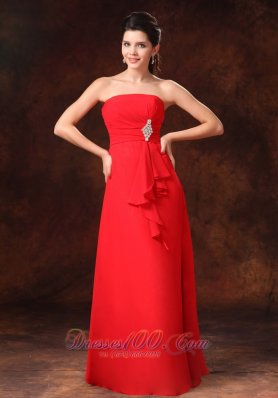 Beaded Red Chiffon Strapless Dress For Bridesmaid