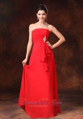 Beaded Red Chiffon Strapless Dress For Bridesmaid