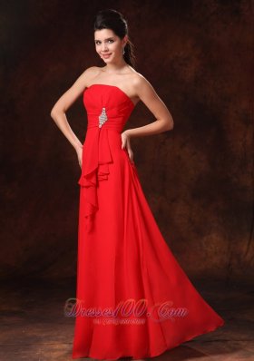 Beaded Red Chiffon Strapless Dress For Bridesmaid