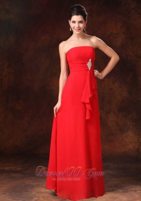 Beaded Red Chiffon Strapless Dress For Bridesmaid