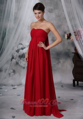 Watteau Ruched Red Bridesmaid Dress Strapless Chiffon