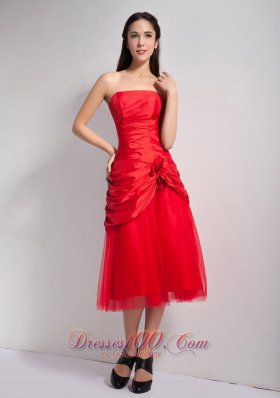 Red Hand Made Flowers Bridesmaid Dress Strapless