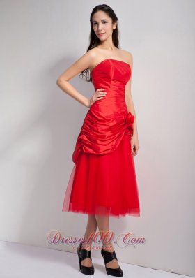 Red Hand Made Flowers Bridesmaid Dress Strapless