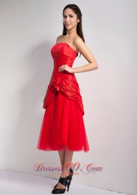 Red Hand Made Flowers Bridesmaid Dress Strapless