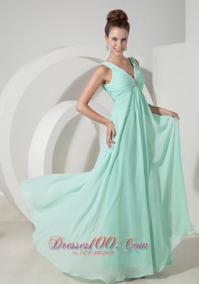 V Neck Beading Apple Green Prom Evening Dresses