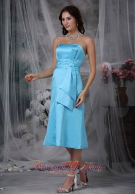 Aqua Blue Empire Waist Bridesmaid Dress Tea-length