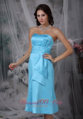 Aqua Blue Empire Waist Bridesmaid Dress Tea-length