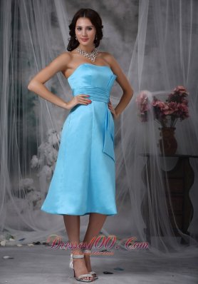 Aqua Blue Empire Waist Bridesmaid Dress Tea-length